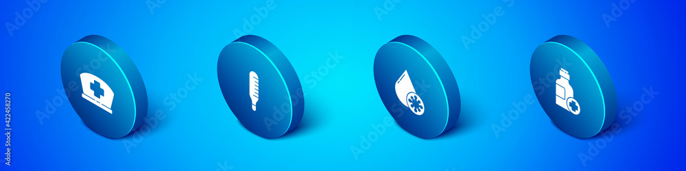 Set Isometric Nurse hat with cross, Blood test and virus, Bottle of medicine syrup and Medical thermometer icon. Vector Set Isometric Nurse hat with cross, Blood test and virus, Bottle of medicine syrup and Medical thermometer icon. Vector