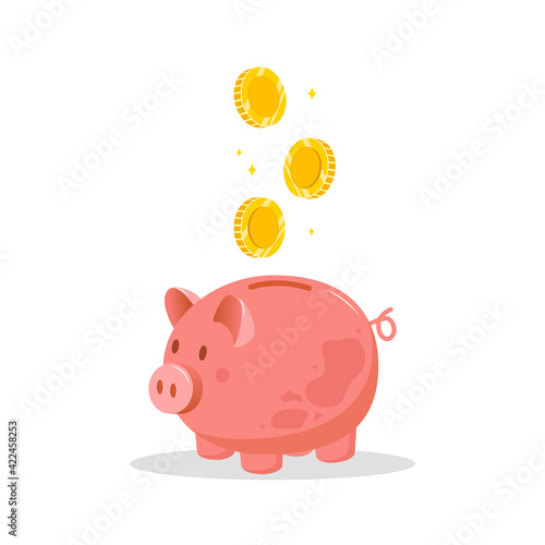 Piggy bank with falling coins. Save money concept. Investments in future. Financial symbol. Banking or business services. Vector illustration in flat cartoon style.