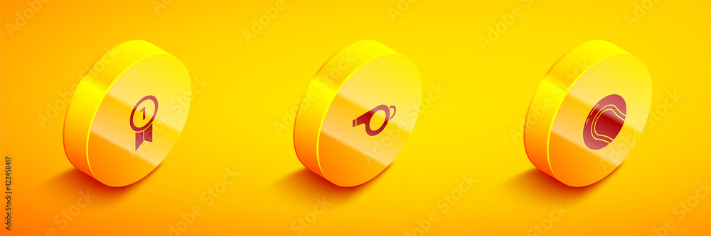 Set Isometric Medal, Whistle and Baseball ball icon. Vector Set Isometric Medal, Whistle and Baseball ball icon. Vector