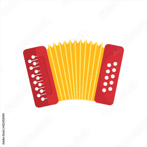 Chromatic Button Accordions or Russian Bayan, Flat Folk Ethnic Musical Instrument isolated on white. Cartoon vector Harmonic or Jews-harp in red and yellow color.