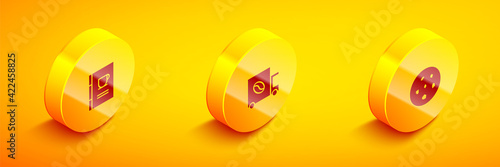 Set Isometric Coffee book, street truck machine and Cookie or biscuit icon. Vector