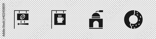 Set Street signboard coffee, , Manual grinder and Donut with sweet glaze icon. Vector
