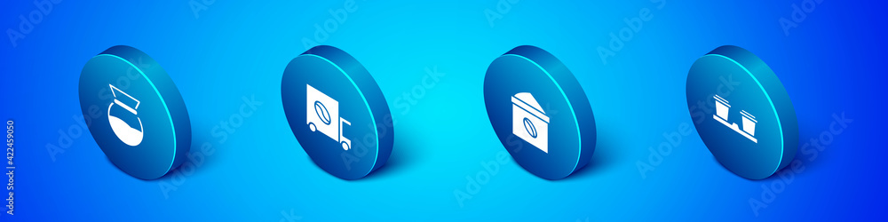 Set Isometric Pour over coffee maker, Bag beans, Coffee cup to go and street truck machine icon. Vector Set Isometric Pour over coffee maker, Bag beans, Coffee cup to go and street truck machine icon. Vector