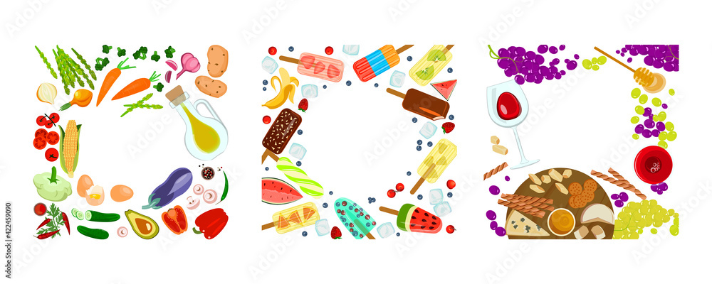 Set of frame from different colorful food