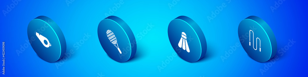 Set Isometric Whistle, Badminton shuttlecock, Jump rope and Tennis racket icon. Vector Set Isometric Whistle, Badminton shuttlecock, Jump rope and Tennis racket icon. Vector