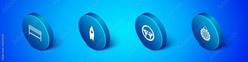 Set Isometric Ribbon in finishing line, Steering wheel, Classic dart board and Surfboard icon. Vector Set Isometric Ribbon in finishing line, Steering wheel, Classic dart board and Surfboard icon. Vector