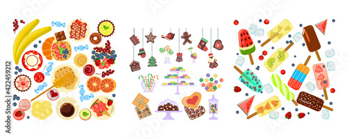 Square compositions with colorful different food set