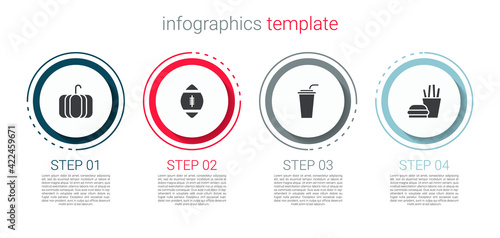 Set Pumpkin, American Football ball, Paper glass with straw and Burger and french fries. Business infographic template. Vector