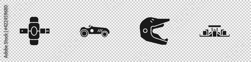 Set Knee pads, Vintage sport racing car, Motocross motorcycle helmet and Formula 1 icon. Vector