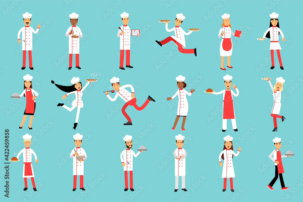 Man and Woman Chef Wearing White Hat and Buttoned Cook Jacket Vector Illustration Set Man and Woman Chef Wearing White Hat and Buttoned Cook Jacket Vector Illustration Set