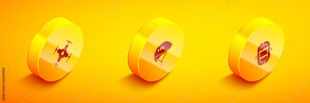 Set Isometric Drone flying, Bicycle helmet and Rafting boat icon. Vector Set Isometric Drone flying, Bicycle helmet and Rafting boat icon. Vector