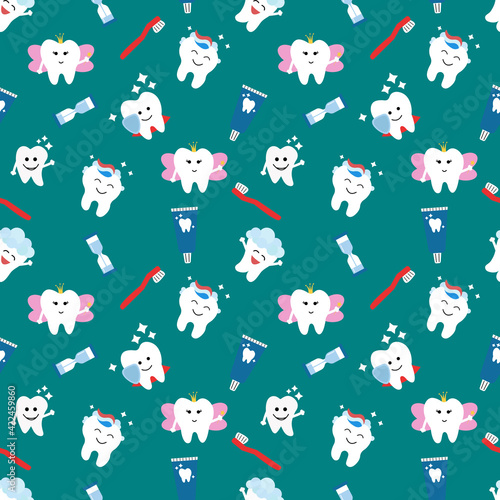 Seamless pattern with cute teeth and objects for dental care - funny toothpaste, brush, hourglass. Cute Tooth Fairy. Vector illustration.	
