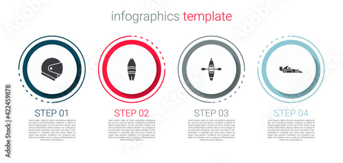Set Helmet, Surfboard, Kayak or canoe and Formula 1 racing car. Business infographic template. Vector
