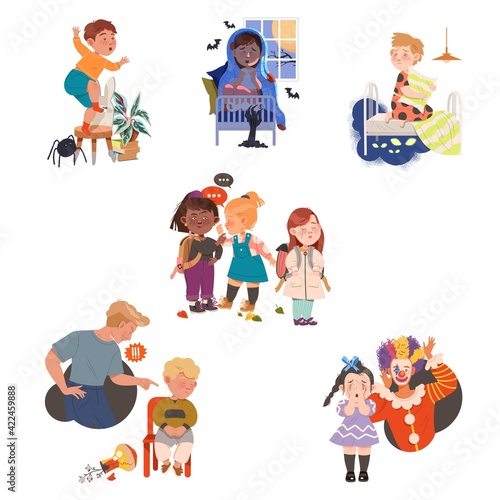 Children Having Fears Afraid of Spider and Monsters Vector Set
