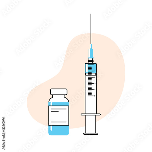 Vector syringe for injection with blue vaccine, glass bottle of medicines. Vector illustration isolated on white background.