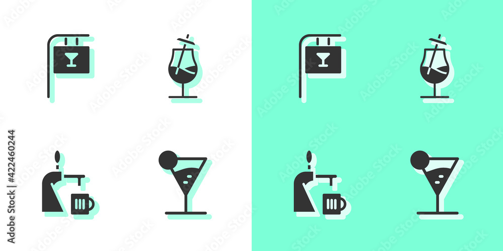 Set Martini glass, Street signboard with Bar, Beer tap and Cocktail icon. Vector Set Martini glass, Street signboard with Bar, Beer tap and Cocktail icon. Vector