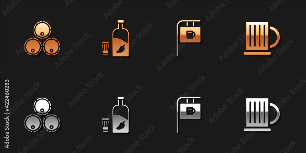 Set Wooden barrels, Vodka with pepper and glass, Street signboard Bar and beer mug icon. Vector Set Wooden barrels, Vodka with pepper and glass, Street signboard Bar and beer mug icon. Vector