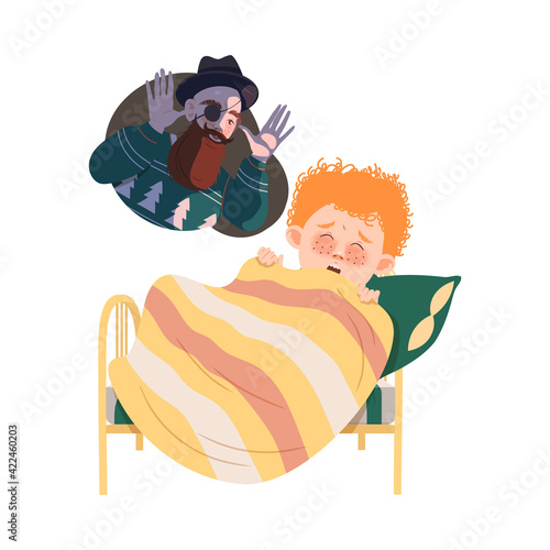 Little Awaken Boy Afraid of Nightmare Shouting Vector Illustration photo