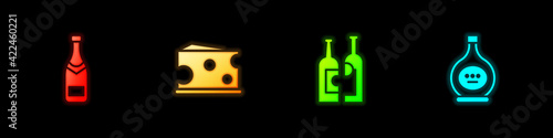 Set Champagne bottle, Cheese, Bottles of wine and cognac or brandy icon. Vector