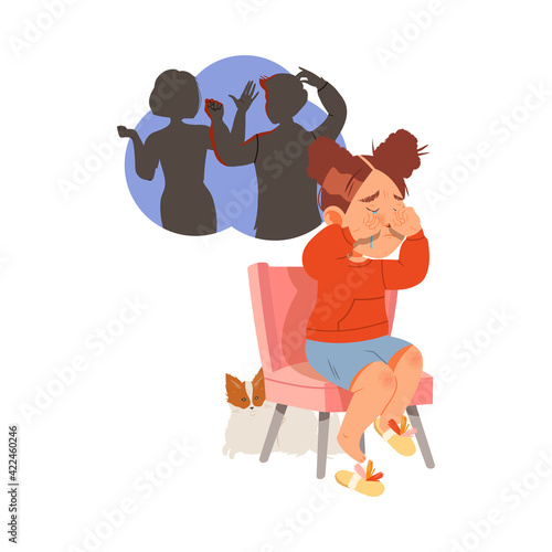 Little Girl Afraid of Parents Scolding and Quarrelling Sitting on Chair and Crying Vector Illustration