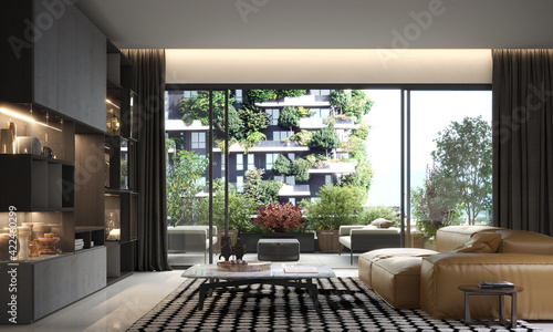 Appartamento a Milano di grande pregio, living con arredamento di design italiano, bosco verticale,rendering 3d photo