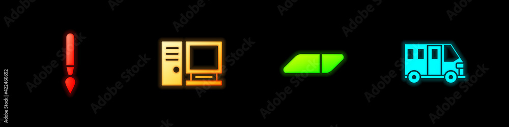 Set Paint brush, Computer monitor, Eraser rubber and School Bus icon. Vector Set Paint brush, Computer monitor, Eraser rubber and School Bus icon. Vector