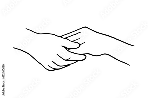 hand in hand - hand drawn vector illustration in doodle style. Realistic sketch of holding hands