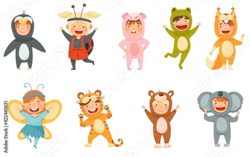 Little Boy and Girl Wearing Animal Costumes Waving Hand and Having Fun Vector Set