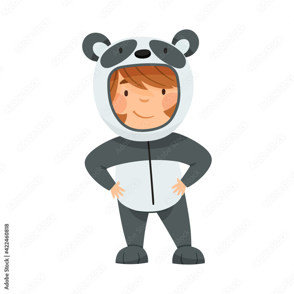 Little Smiling Girl Wearing Panda Costume Having Fun Vector Illustration