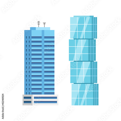 Modern city skyscraper buildings, isolated vector flat cartoon set. Tower and office, city architecture, house business apartment