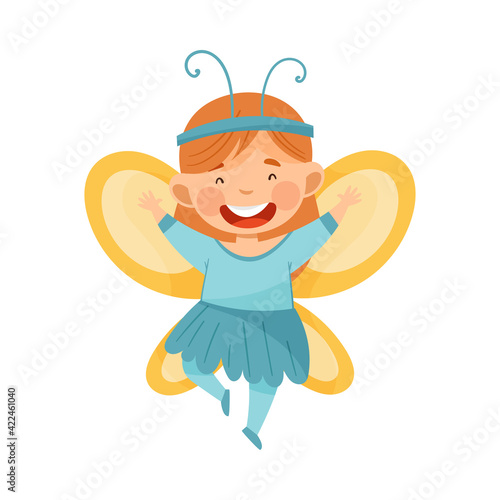Cute Redhead Girl Wearing Butterfly Costume Role Playing and Having Fun Vector Illustration
