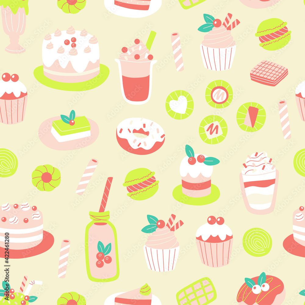 Vector seamless pattern with different sweets. Vector doodle illustration. Vector seamless pattern with different sweets. Vector doodle illustration.