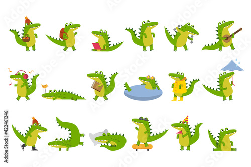 Fototapeta Naklejka Na Ścianę i Meble -  Cute Green Crocodile Engaged in Different Activities Vector Illustration Set