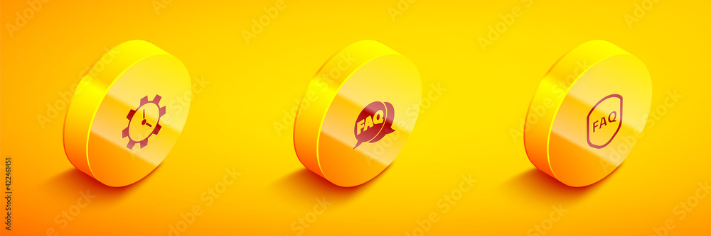 Set Isometric Time Management, Speech bubble with FAQ and Shield text icon. Vector Set Isometric Time Management, Speech bubble with FAQ and Shield text icon. Vector