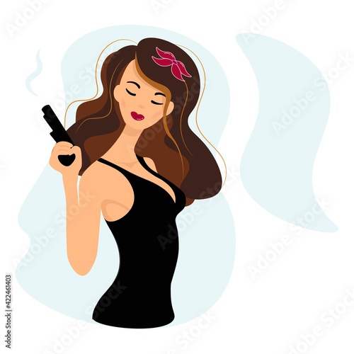 Portrait of stylish woman gangster. Confident Girl with a Gun. Vector illustration isolated with place for text.