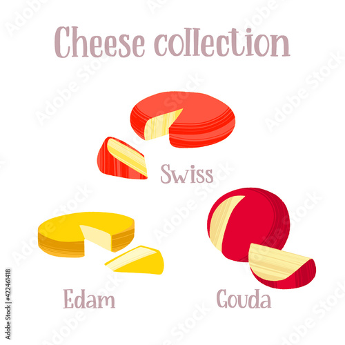 Cheese collection. Different kinds of cheeses. Swiss, edam and gouda.
