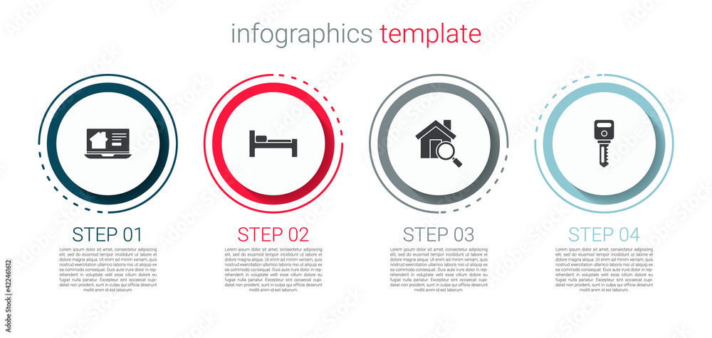 Set Online real estate house, Bed, Search and House key. Business infographic template. Vector Set Online real estate house, Bed, Search and House key. Business infographic template. Vector