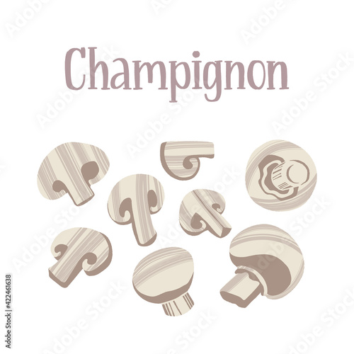 Fresh white Champignon mushrooms. Healthy nutrition product.
