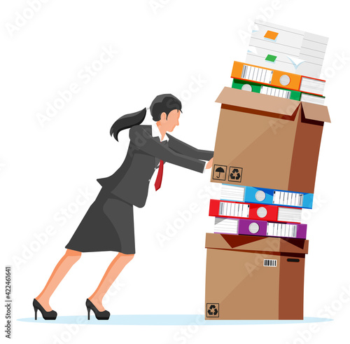 Stressed businesswoman pushing pile of documents