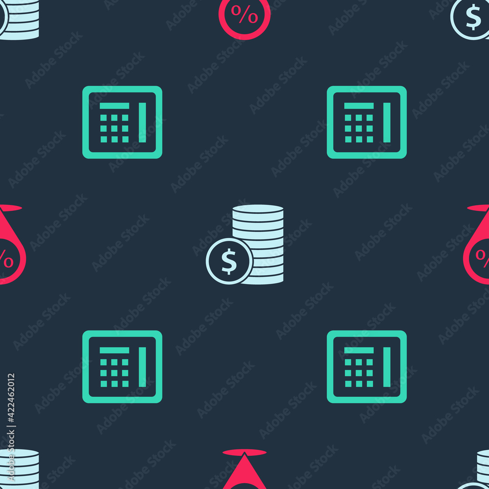 Set Location with percent discount, Coin money dollar and Safe on seamless pattern. Vector Set Location with percent discount, Coin money dollar and Safe on seamless pattern. Vector