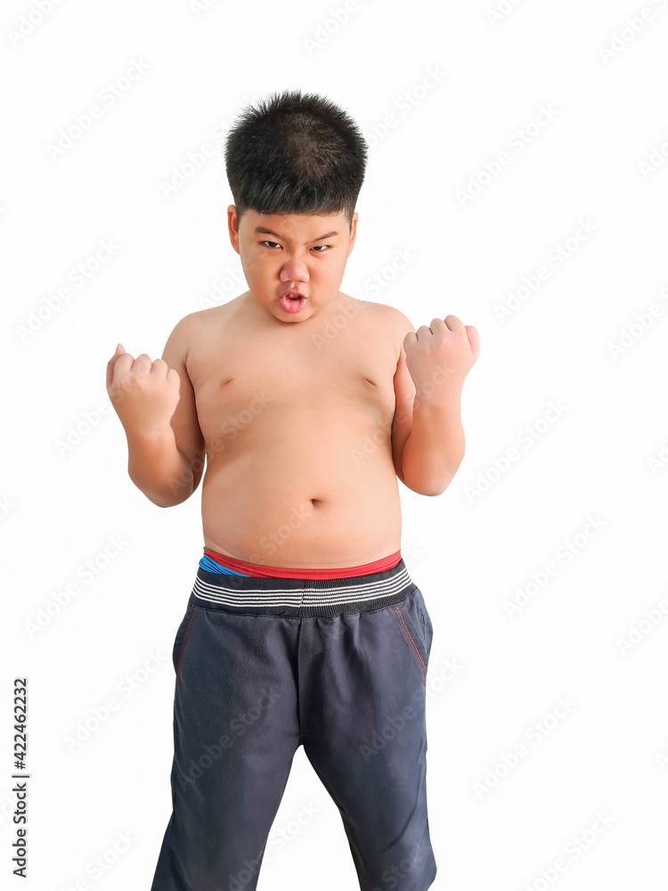 The boy wields strength on a isolated white background. The boy wields strength on a isolated white background.