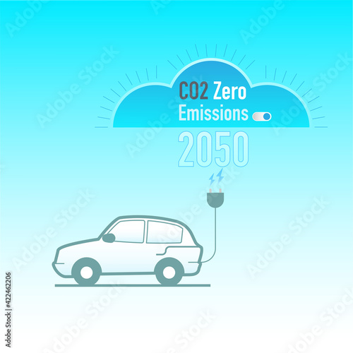 Electric vehicle can help to achieve zero CO2 emissions by 2050. Cloud light sign with toggle switch on as a gimmick of celebrating success. Vector illustration outline flat design style.