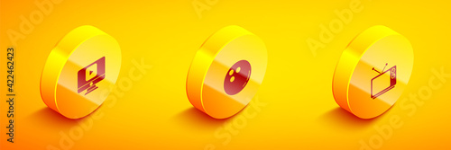 Set Isometric Online play video, Bowling ball and Retro tv icon. Vector