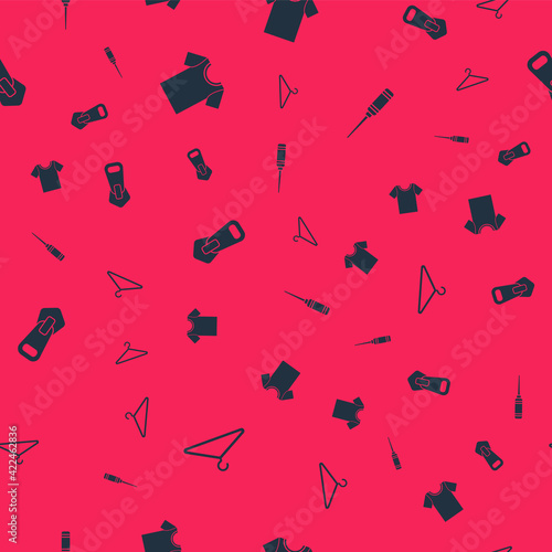 Set Hanger wardrobe, T-shirt, Zipper and Awl tool on seamless pattern. Vector
