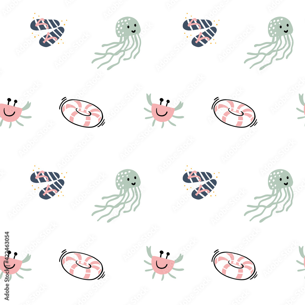 Fototapeta premium Seamless pattern with cartoon sea objects and live animals. inflatable circle, flip-flops. Crab, jellyfish. Underwater background. Vector illustration.