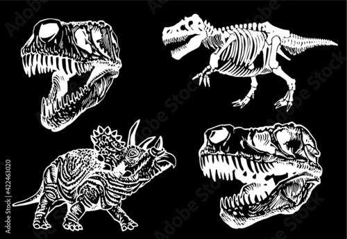 Graphical set of dinosaurs isolated on black ,vector  engraved illustration