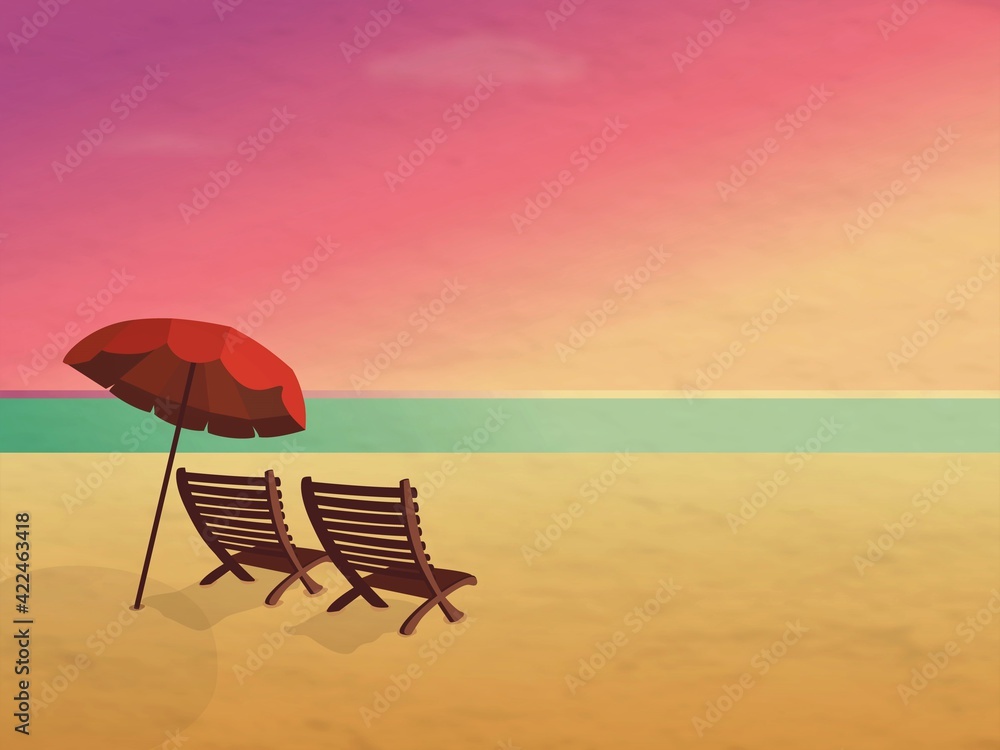 Sun loungers and umbrella by the sea at sunset, summer holidays concept, background, space for text, banner.