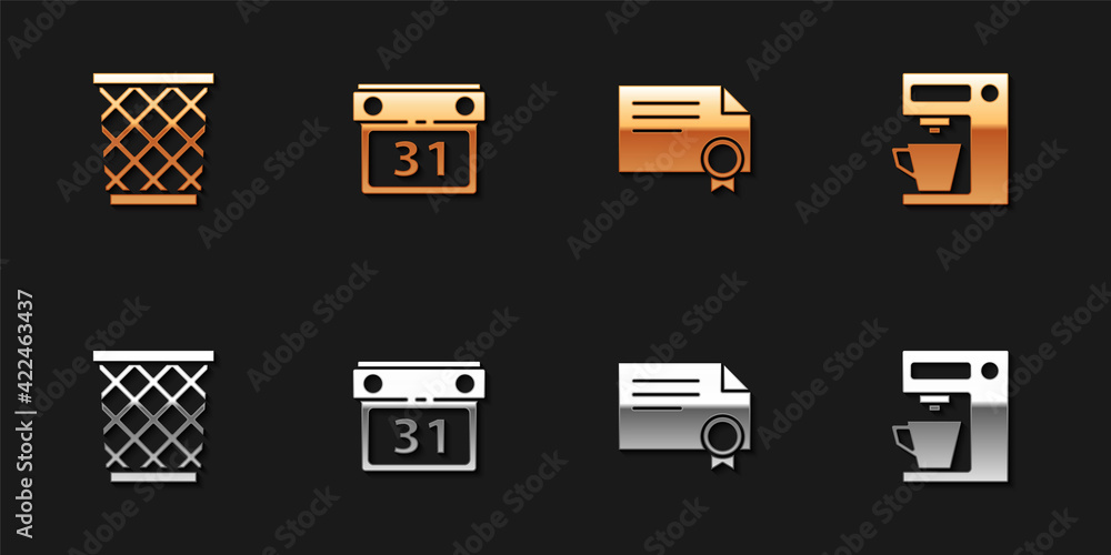 Set Trash can, Calendar, Certificate template and Coffee machine icon. Vector Set Trash can, Calendar, Certificate template and Coffee machine icon. Vector
