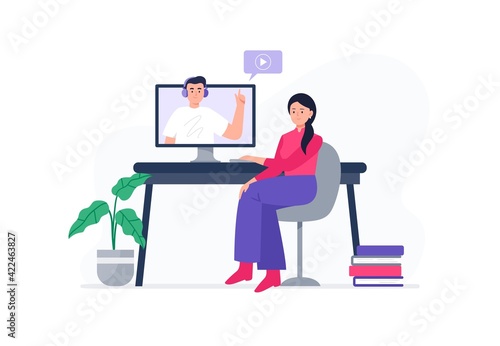 A woman watches an online lesson at home. Banner or background for a site with a distance education theme. Vector flat illustration. © jenny on the moon
