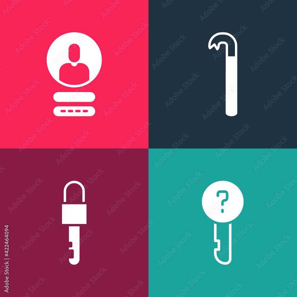 Set pop art Undefined key, Locked, Crowbar and Create account screen icon. Vector Set pop art Undefined key, Locked, Crowbar and Create account screen icon. Vector
